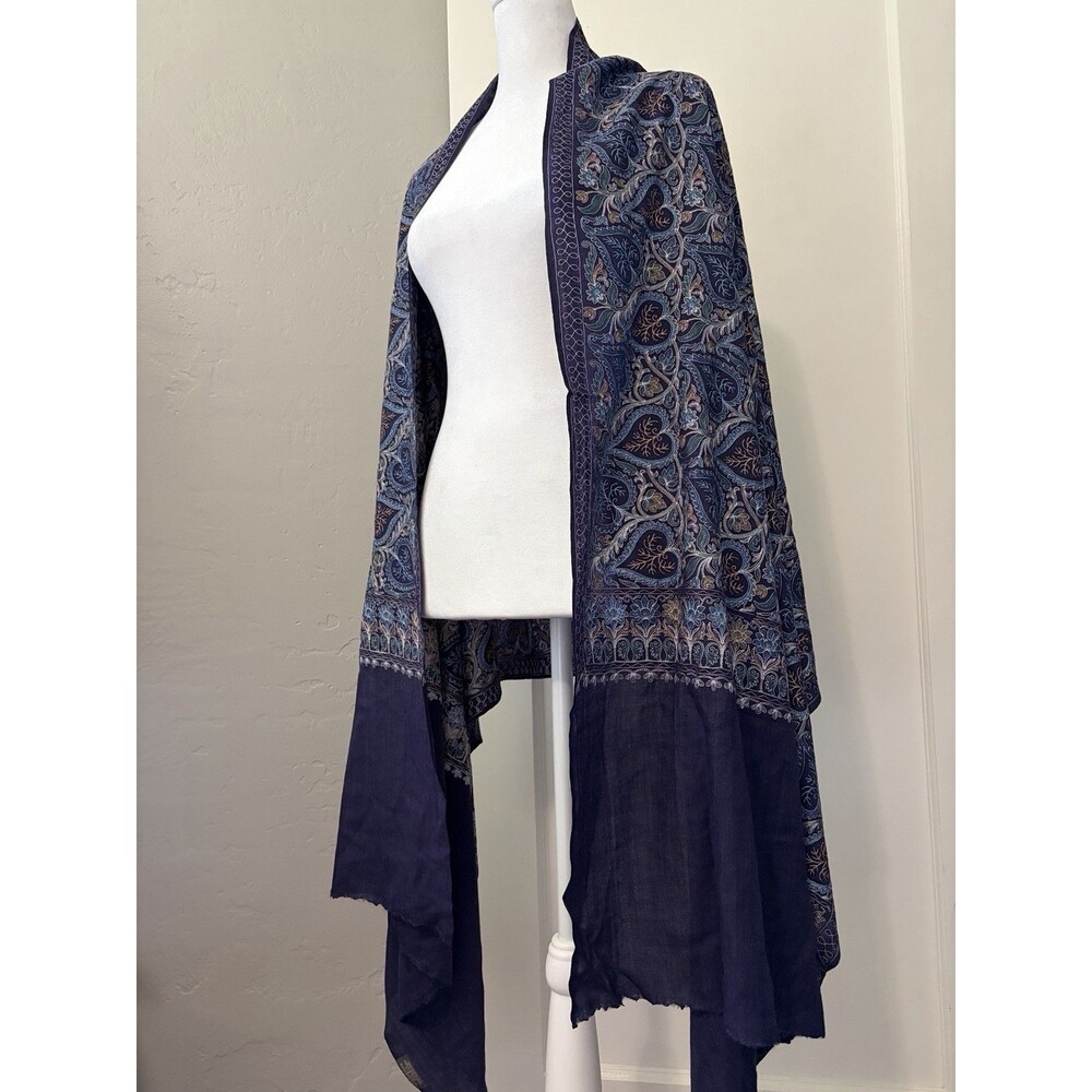 Handmade Kashmiri Pashmina Silk Blend Shawl Wrap Scarf Navy Paisley Embroidered